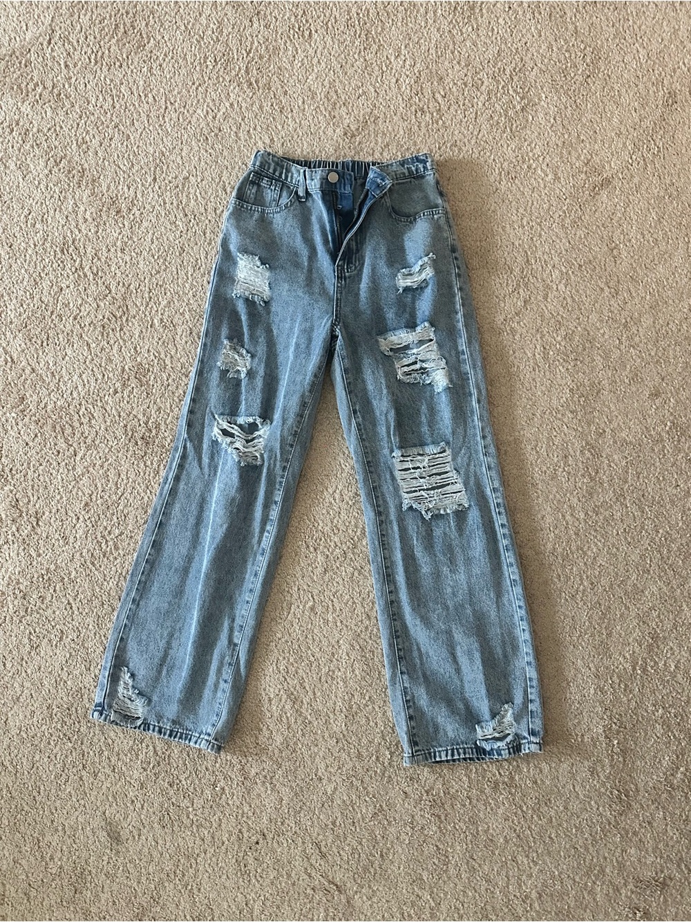 SHEIN Light Blue Distressed Straight-Leg Jeans- wide leg